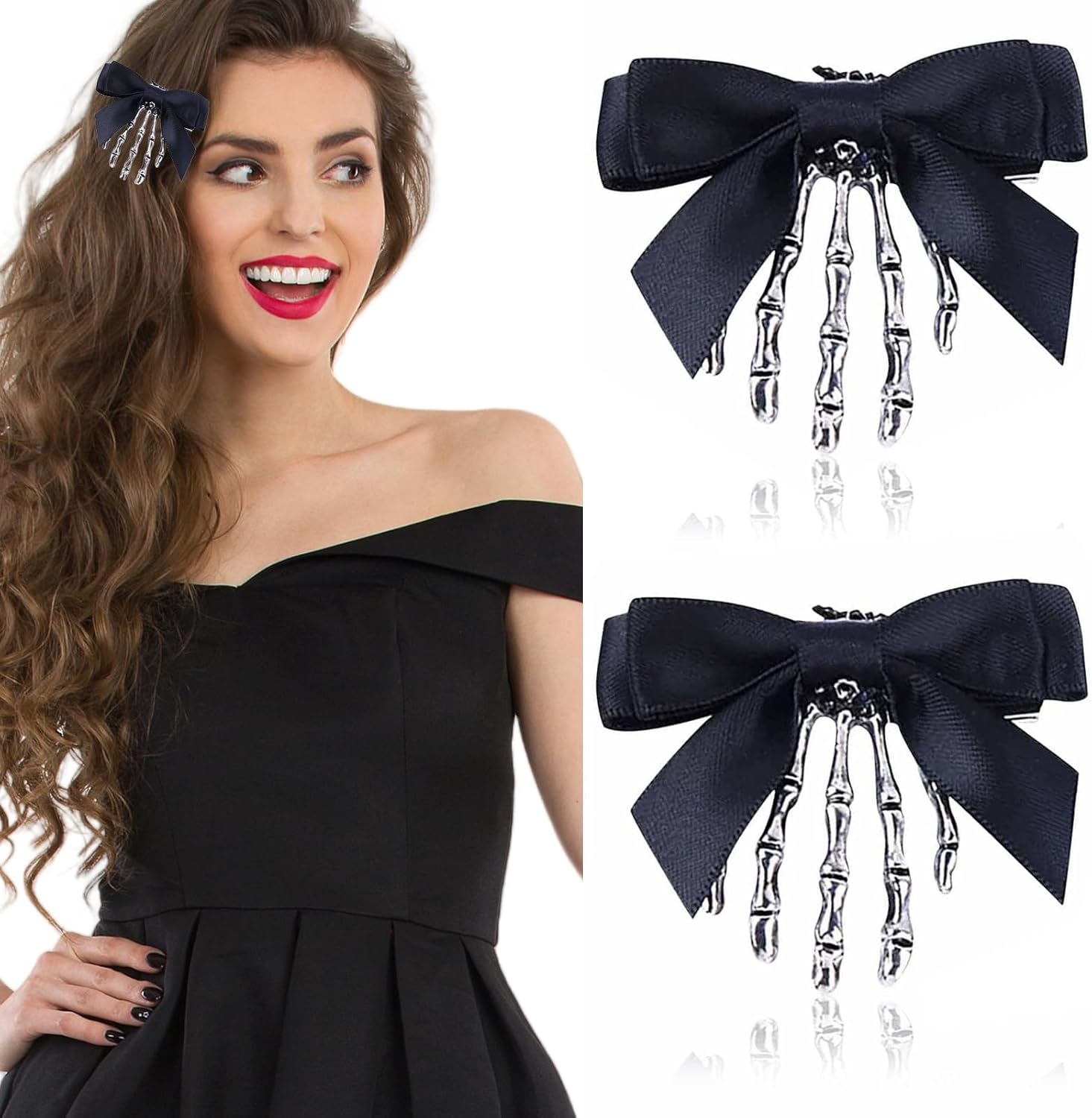 Charmburst Pack of 2 Skeleton Hand Hair Clips with Bow, Skull Hair Claw for Girls, Gothic Hair Accessories, Spider Hair Clip, Emo Y2K Accessories, Spider Web Claw Clip