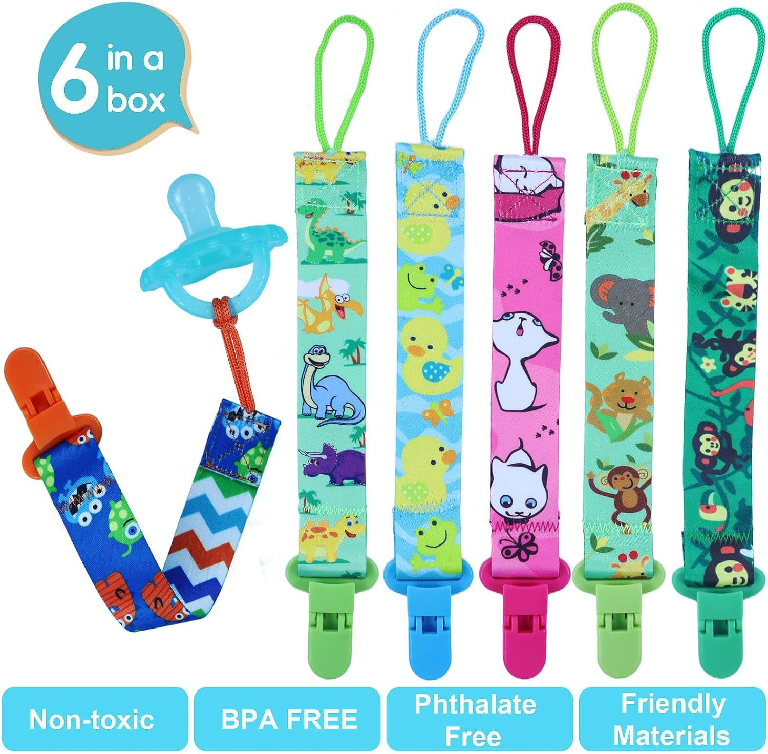 6 Pack Baby Pacifier Clip for Boys and Girls, Fits for Most Pacifiers, Cute Animals Pacifier Holder Dummy Clips Chain, Binky Styles Strap Holder, Lightweight Perfect for Kids Baby Teethers & Toy image number 3
