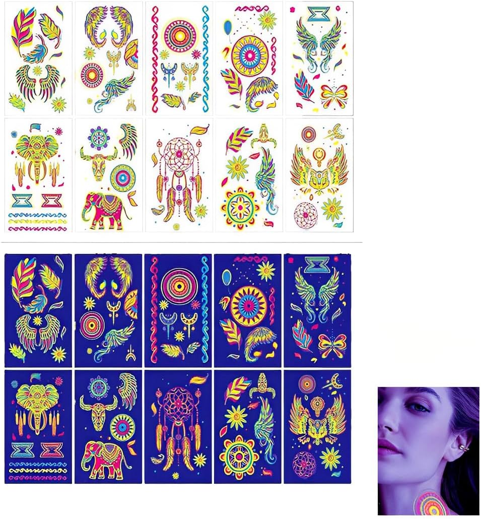 10 Sheets of Luminous Tattoos under Neon UV Black Light, Temporary Tattoos, Tattoos, Adults, Teenagers, Children, Luminous Party Decoration, Waterproof Adhesive Tattoos, Party Gadgets image number 2