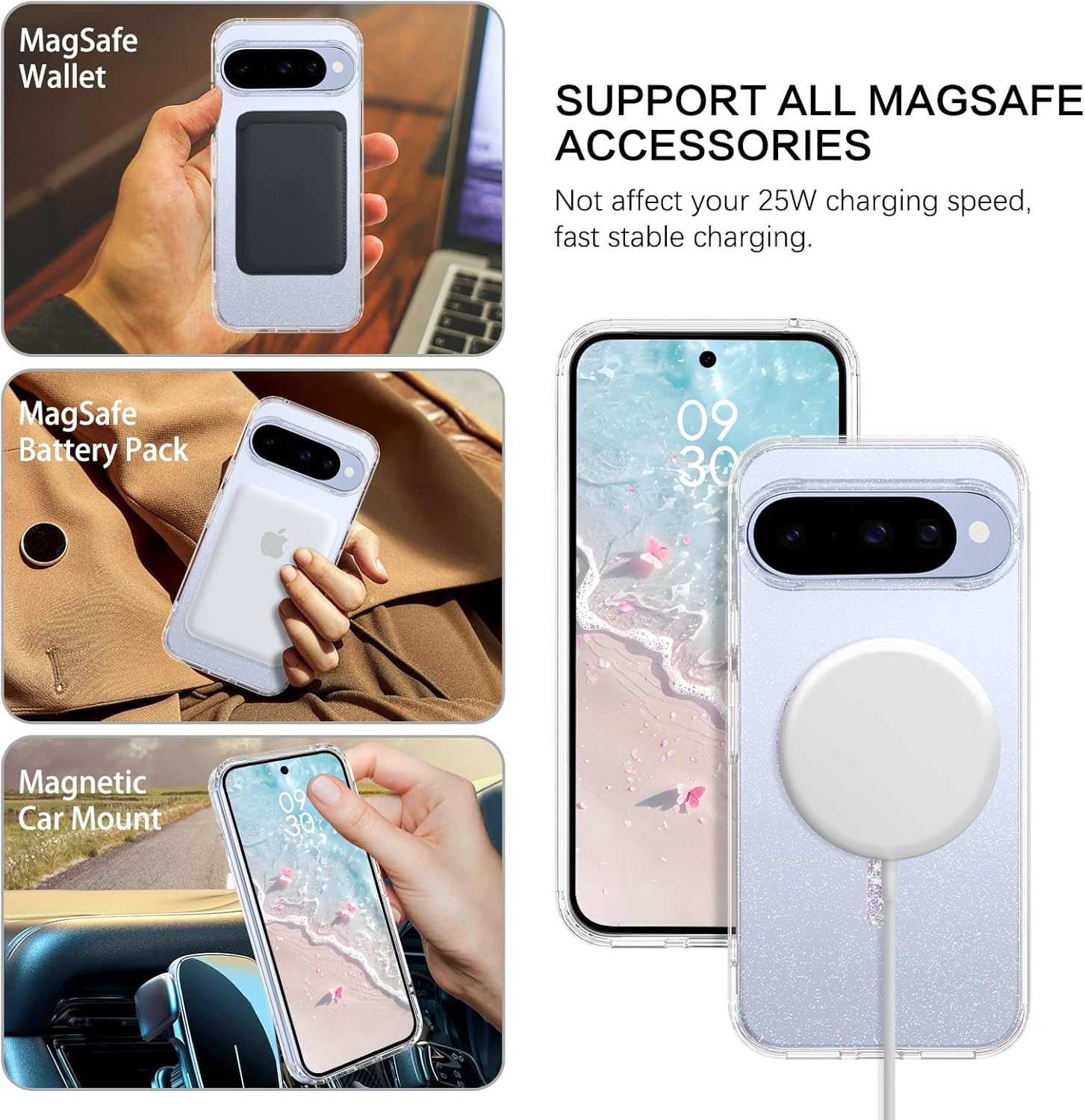 GUAGUA for Google Pixel 10/10 Pro Case,[Compatible with Magsafe] Mobile Phone Case Magnetic Transparent Glitter Lightweight Thin Cover Case Protective Case Google Pixel 10/10 Pro, Crystal Clear image number 1