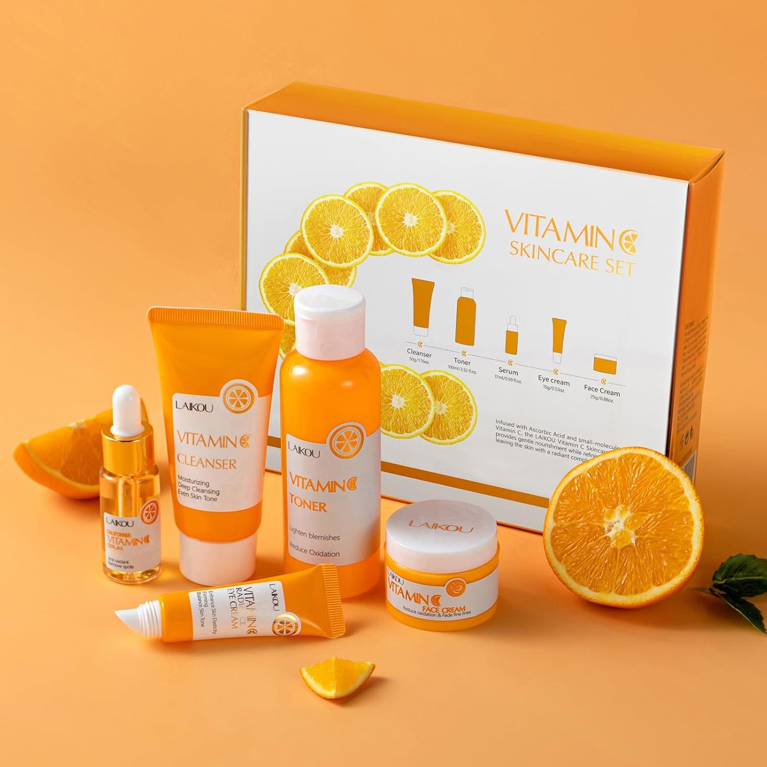 LAIKOU Skin Care Set Vitamin C Women Beauty Gift Sets Skin Care Kit with Cleanser, Toner, Serum, Eye Cream, Face Cream Travel Kit for Women Teen Girls Mom Daughter Birthday Tsa-Friendly Sizes 5Pcs image number 3