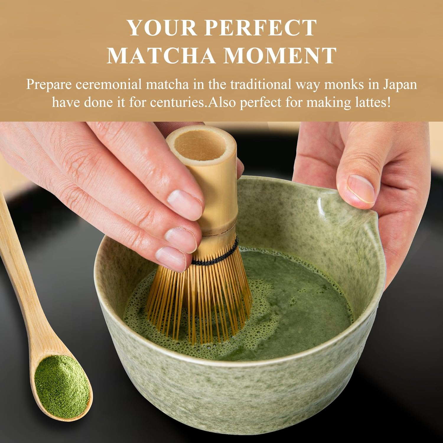 Matcha Whisk Set, Matcha Making Kit Whisk (Chasen Holder), Ceramic Whisk Holder (Mottled Green), Bamboo Scoop, Powder Starter Sifter, Spoon Japanese Tea Tools for Ceremony Gift - Green image number 2