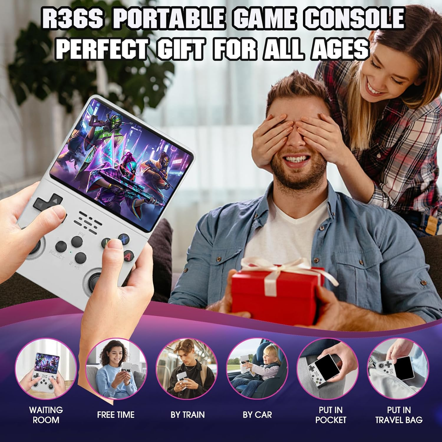 R36S 3.5 Inch Retro Gaming Console, 21000+ Games Retro Handheld Game Console, Video Game Console with Dual Stylem Linux/Garlic Supports & Dual 3D Joysticks 128G (White) image number 1