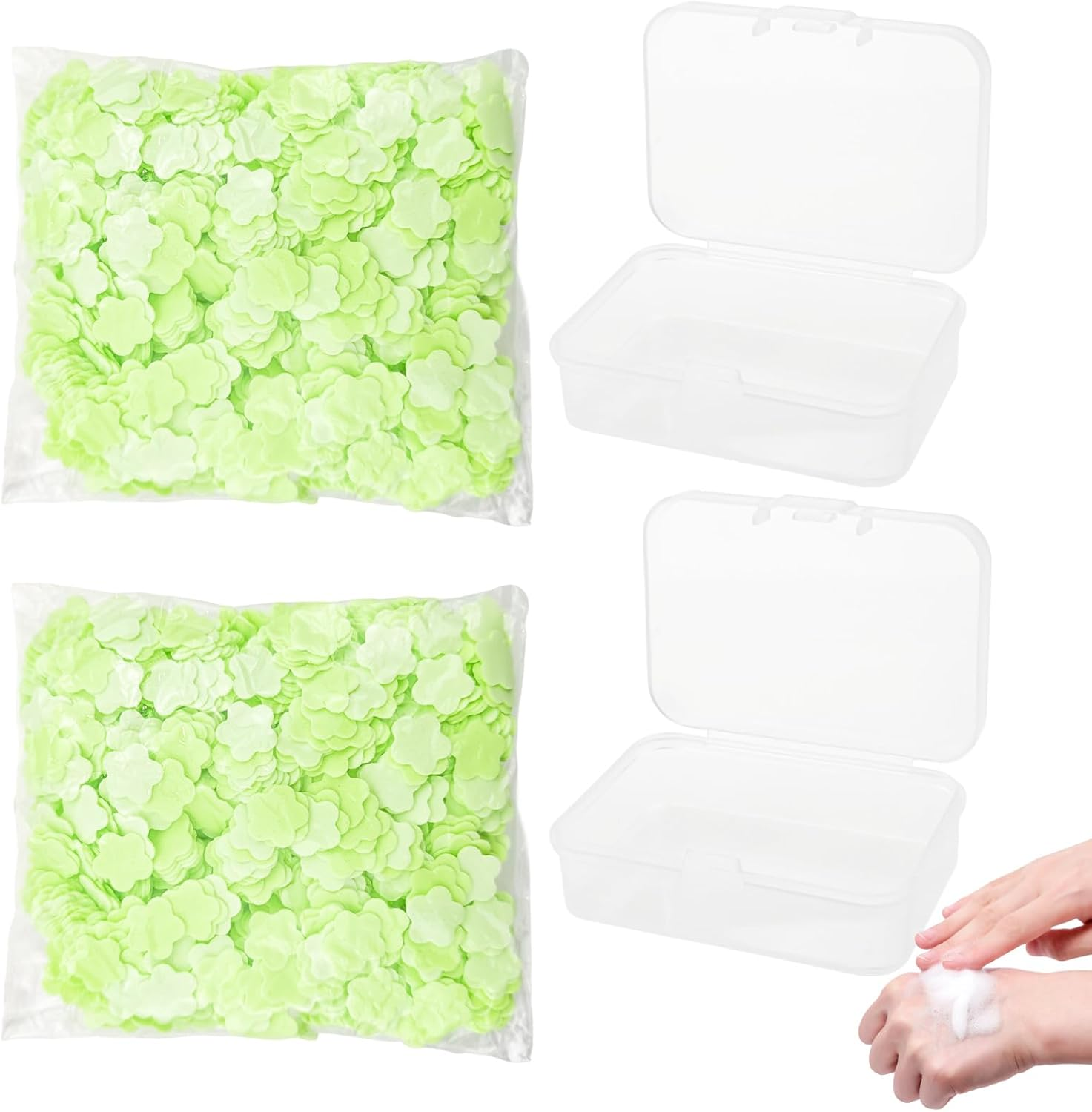 Capiant 2000 Sheets Jasmine Scented Paper Soap for Travel, Portable Hand Washing Sheets, Mini Fresh Petal Soap with 2 Storage Boxes (Green) image number 6