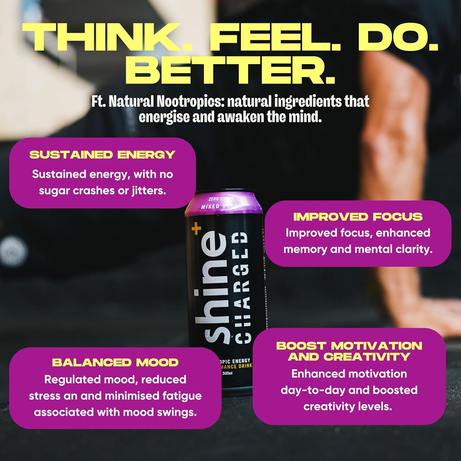 Shine Charged Healthy Energy Drink Carbonated Mixed Berry - Sugar Free Performance Yerba Mate Nootropic, Natural Caffeine, Adaptogens & B Vitamins, 12 X 500Ml image number 3