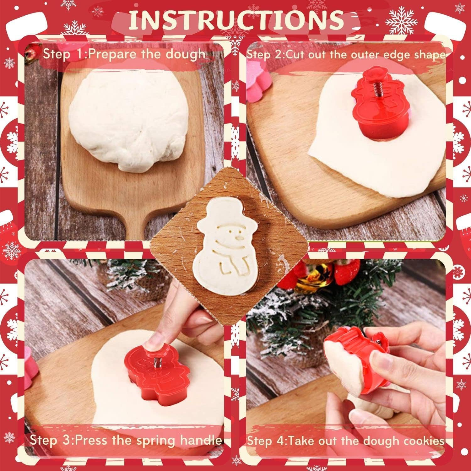Christmas Themed Cookie Cutter Set - 4 Pieces Plastic Spring Die Biscuits Pastry Cutters 3D Cookie Cake Plunger Cutter Baking Mould image number 4