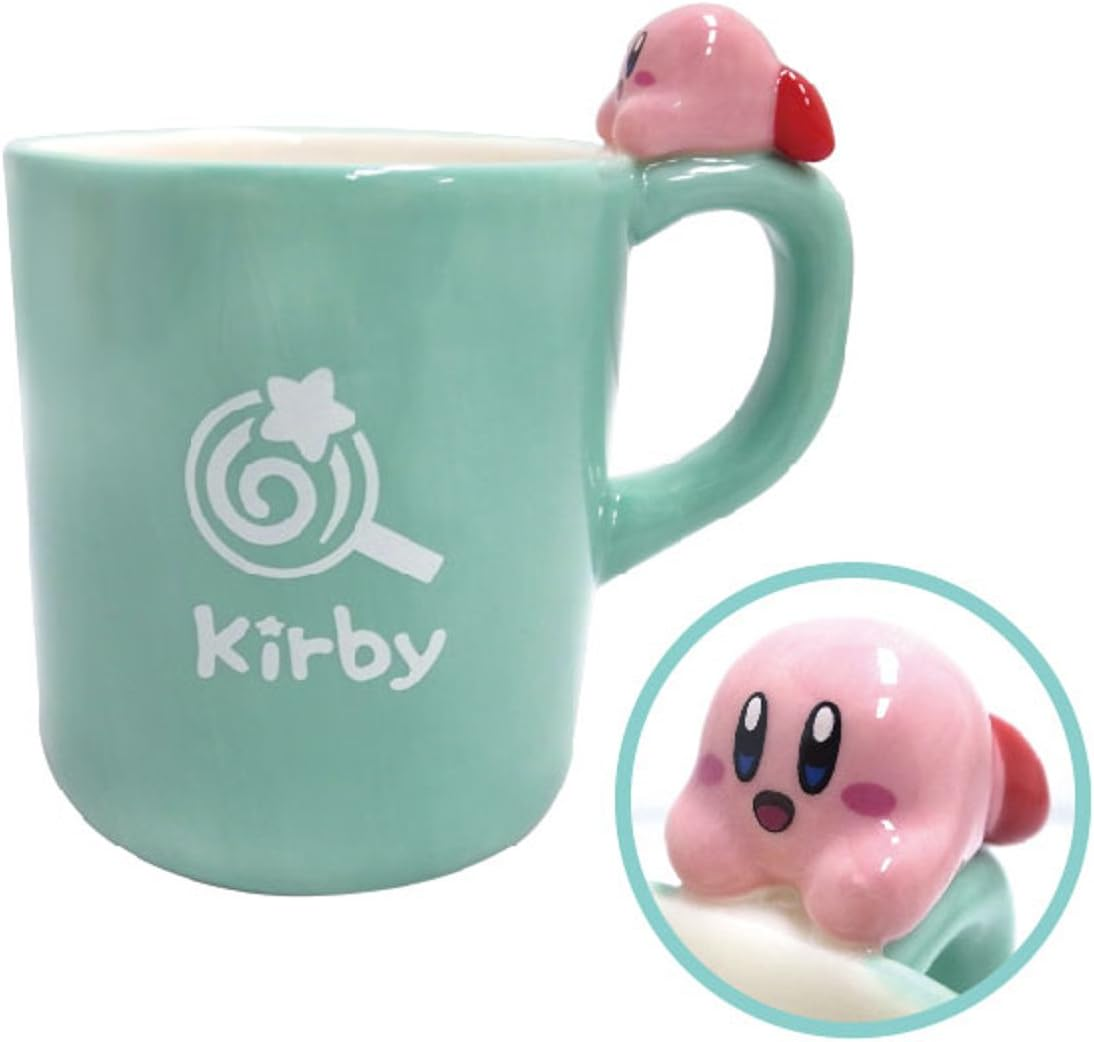 Kirby Mug: Cute Laid Back Kirby on Handle: Green, Lollipop Mark, SK Japan: H 4.33 X W 4.13 X L 2.95" image number 4