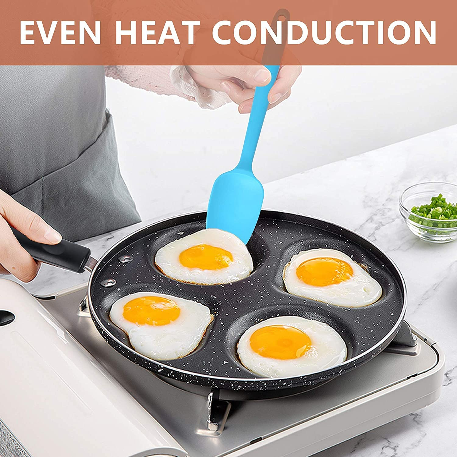 SEHORTREE Heart-Shaped 4-Cup Egg Frying Pan, Non-Stick, 9.4" (Heart-Shaped), 4 Eggs at Once, Gas & Induction Compatible - Heart-Shaped image number 2