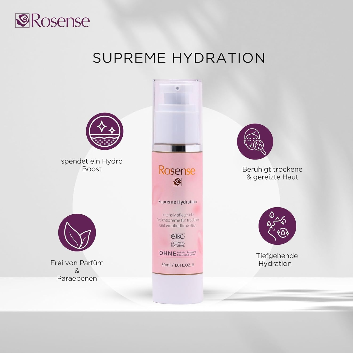 Rosense Supreme Hydration, Intensive Nourishing Face Cream for Dry and Sensitive Skin, Moisturizing, from Hyaluronic Acid, Natural Extracts, Vegan - 50Ml