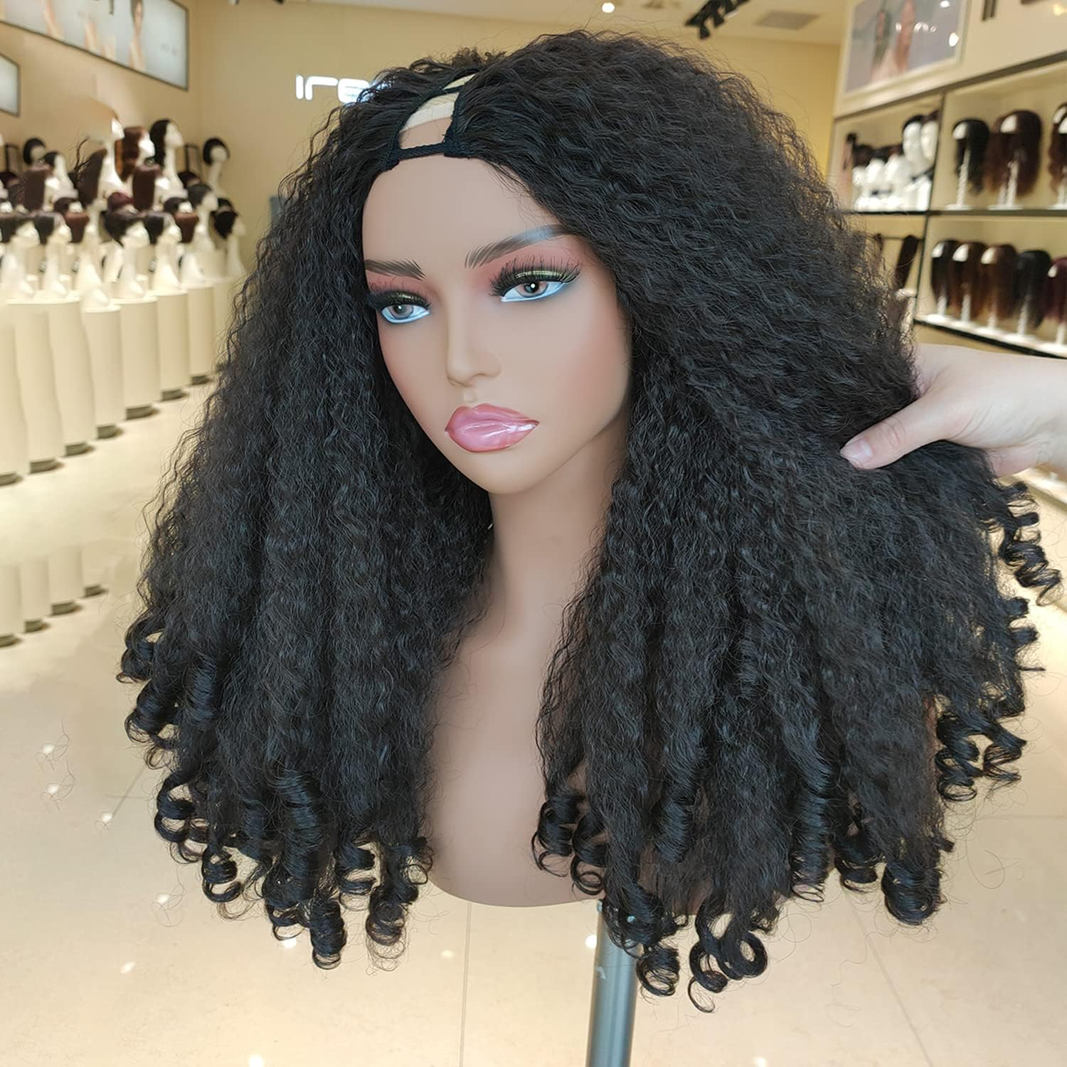 Afro Wig Curly V Part Synthetic Braided Hair Texture with Unique Bouncy Curls Ends 20 Inch Soft Curly V Part Wig Synthetic for Black Women No image number 2
