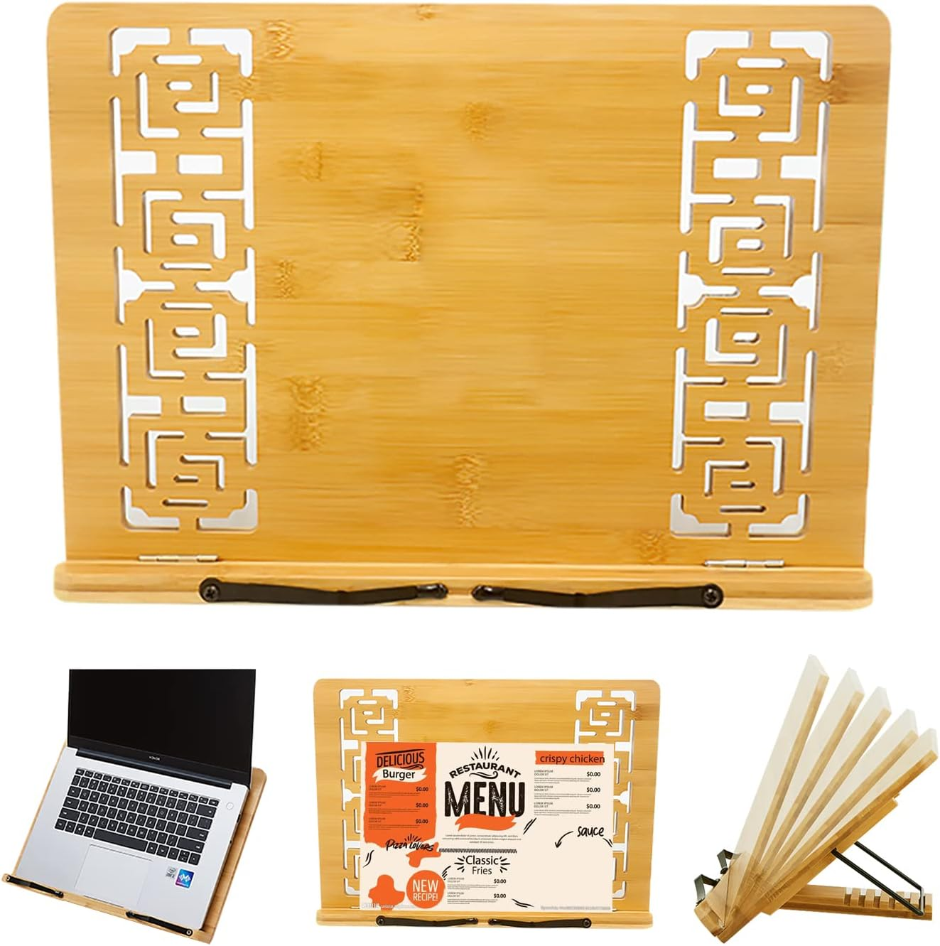 Desktop Bamboo Book Stand with Adjustable Six Angles, Portable Cookbook Stand with Flexible Page Holder Clips, Recipe Stand, Foldable Reading Holder Stand (Medium, Size: 34 X 24 Cm)