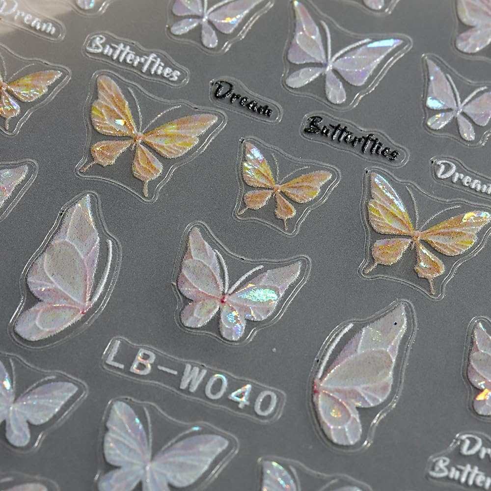 2Sheets Nail Art Stickers, 3D Self-Adhesive Holographic Butterfly Nail Design image number 6