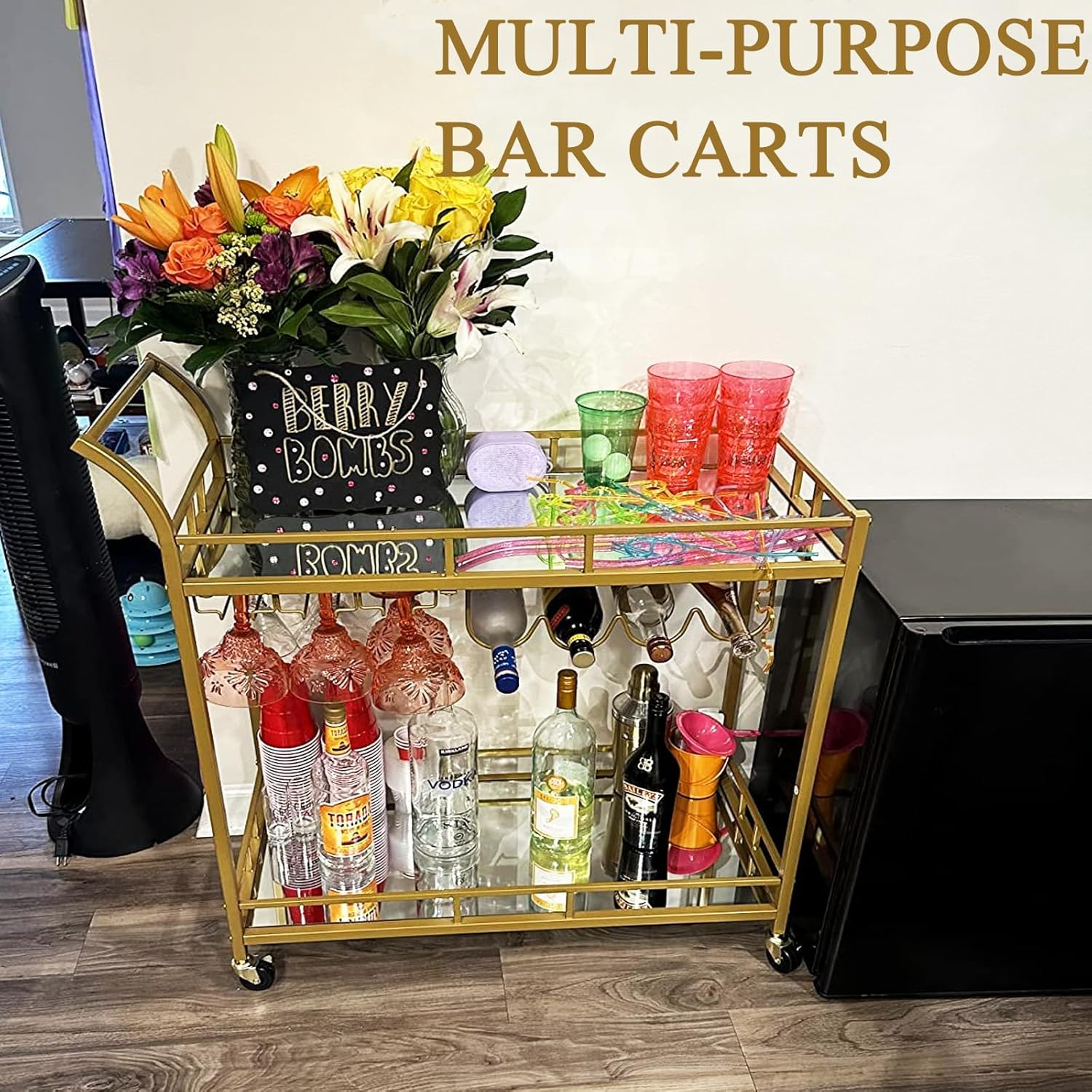 Bar Cart, Serving Cart for Home, Microwave Stand, Drink Trolley, Mobile Kitchen Shelf with Wine Rack and Glass Holder, Rolling Beverage Station for Kitchen, Dining Room, and Parties image number 1