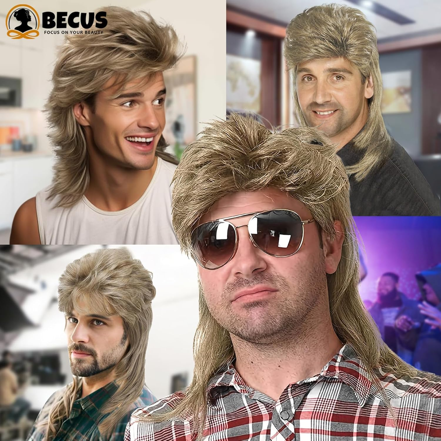 BECUS Mullet Blonde Wigs for Men 80S Costumes Fancy Party Accessory Cosplay Mens Hair Wig