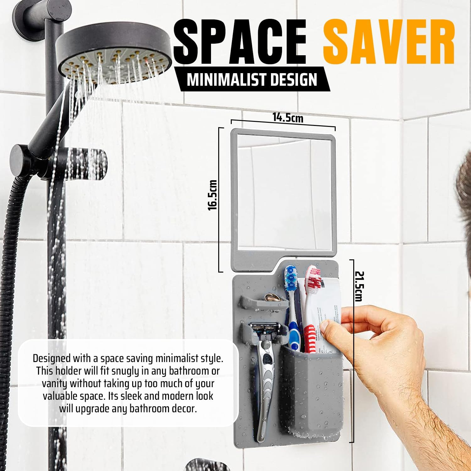 Fog Beating Shower Mirror with Built-In Razor Hook | Powerful Suction, Guaranteed Fog-Free | Unbreakable | Ideal for Travellers, plus a No Slip Silicone Toiletry Holder - Ingenious Bathroom Companion