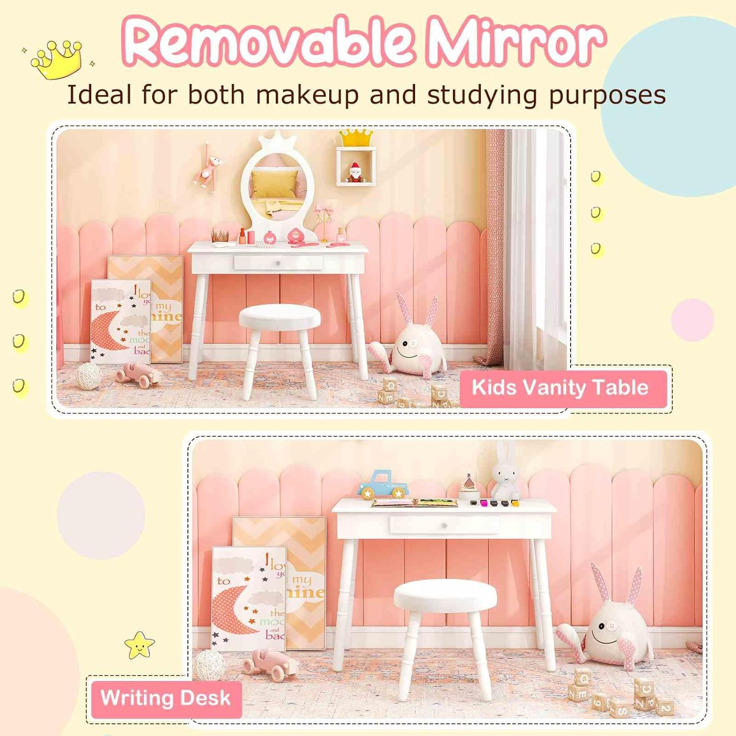 Costway Kids Vanity Makeup Table Set, Princess Vanity Table & Chair Set, Makeup Dressing Table with Drawer and Cushioned Stool, Vanity Desk with Real Mirror for Little Girls (White) image number 2