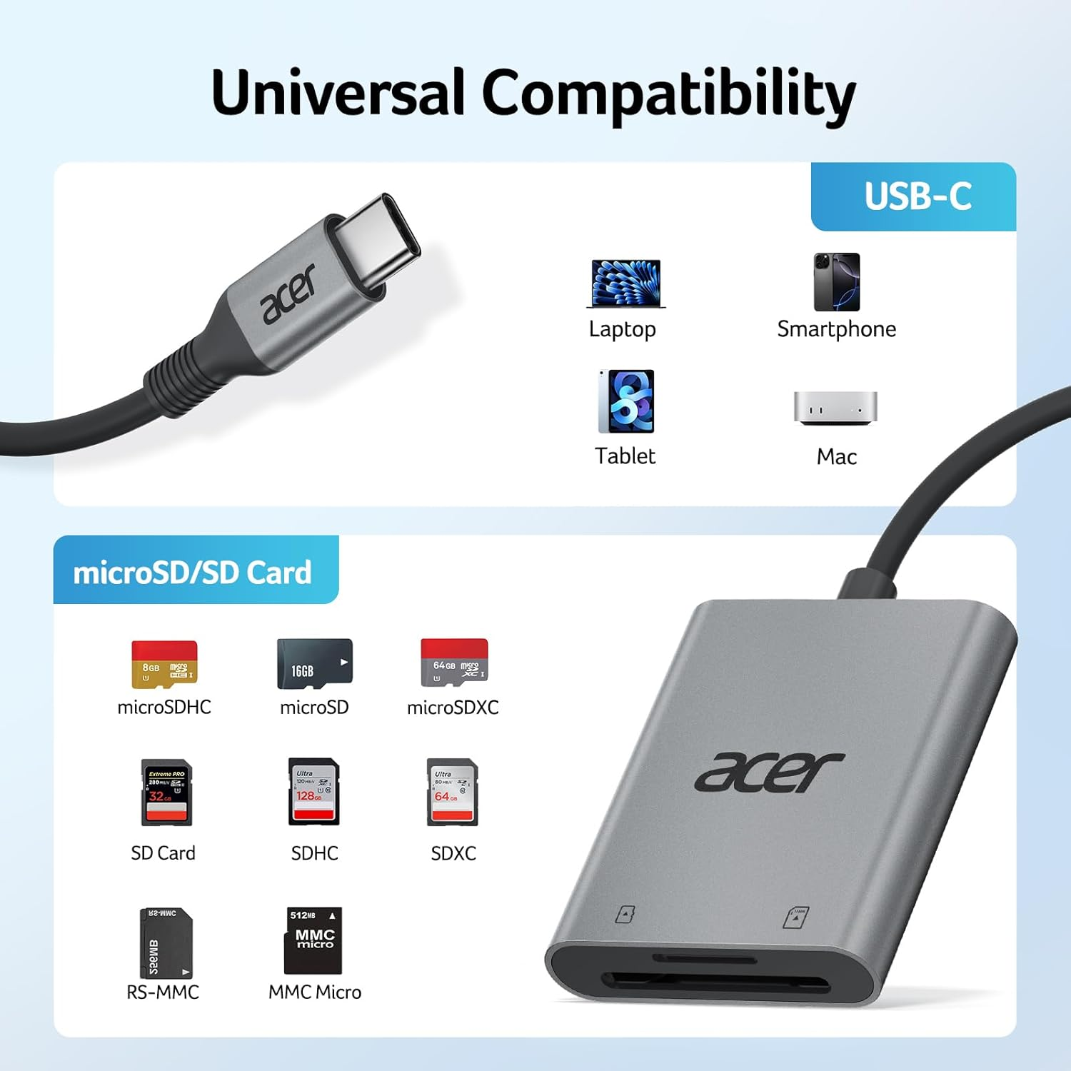 Acer USB C SD Card Reader, Micro SD Card Adapter with Cord, Aluminum Case, OTG, Memory Card Reader for SDHC SDXC, Compatible with Laptop Iphone 16/15, Macbook Pro/Air, Ipad Pro, PC, Android image number 6