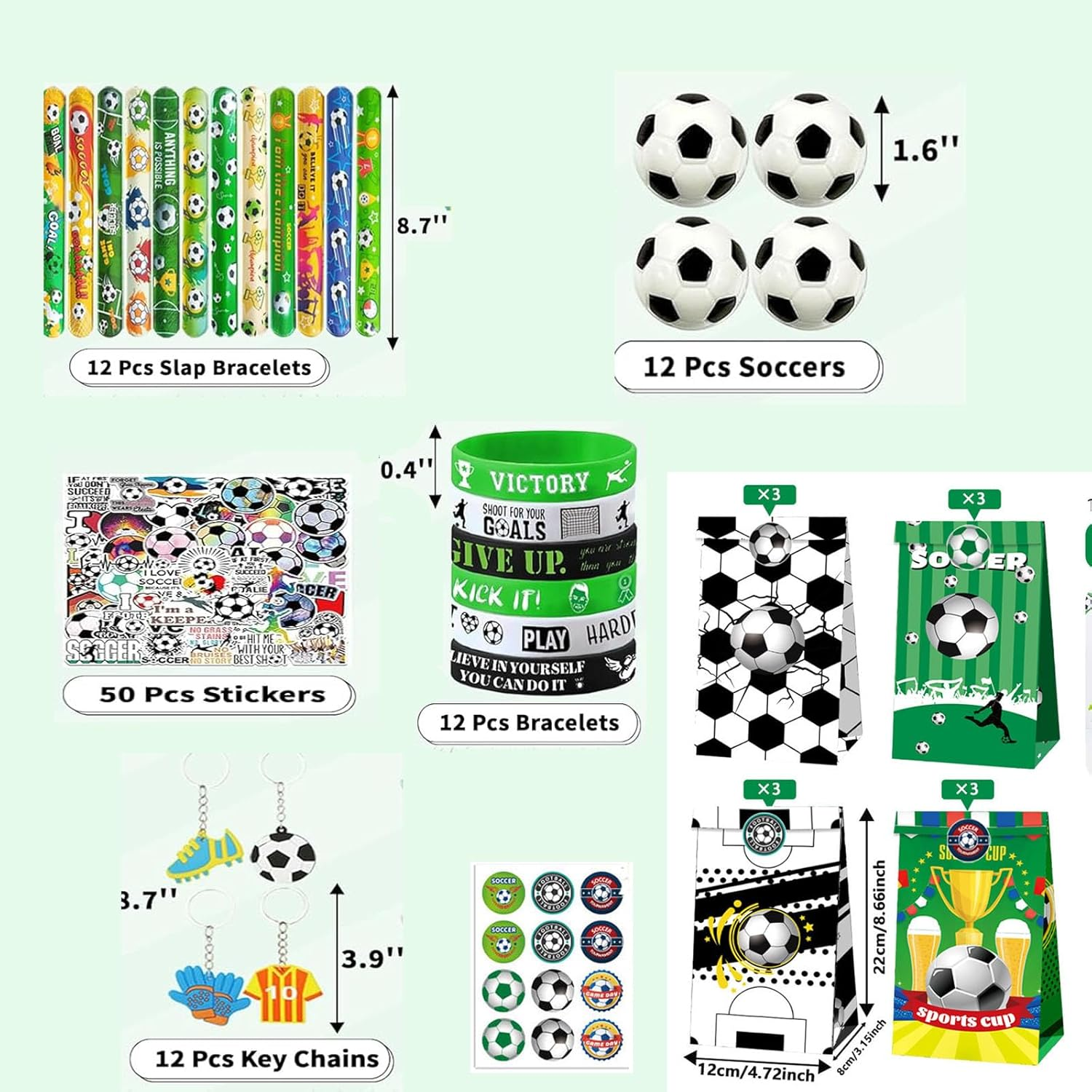 110Pcs Soccer Party Favors Bags Soccer Goodie Bag with Mini Ball, Wristband, Slap Bracelets, Keychains, Stickers for Soccer Party Supplies image number 4