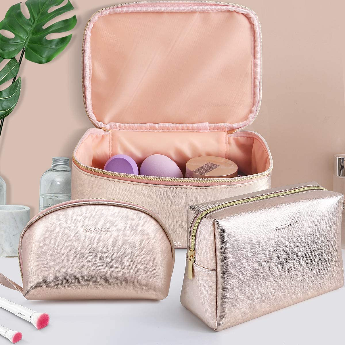 MAANGE 3 Pcs Makeup Bag Portable Travel Cosmetic Bag Large Makeup Bag Organizer with Gold Zipper Waterproof Toiletry Bags for Women and Girls(Rose Gold) image number 2