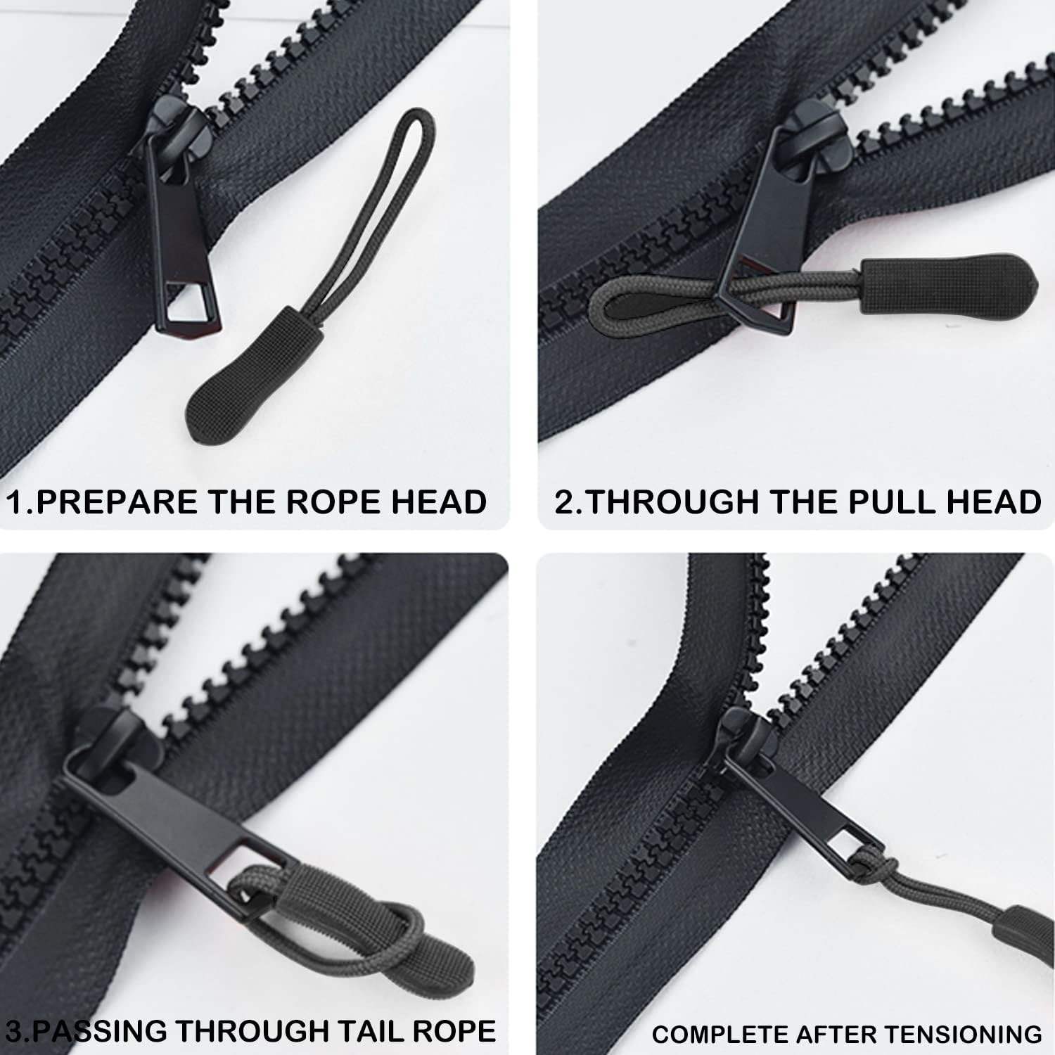 BOROLA 20Pcs Durable PVC Nylon Zipper Extension Pulls Replacement Zipper Pulls for Bags, Jackets, Purses, Backpacks Colorful Zipper Nylon Cord(Black) image number 5