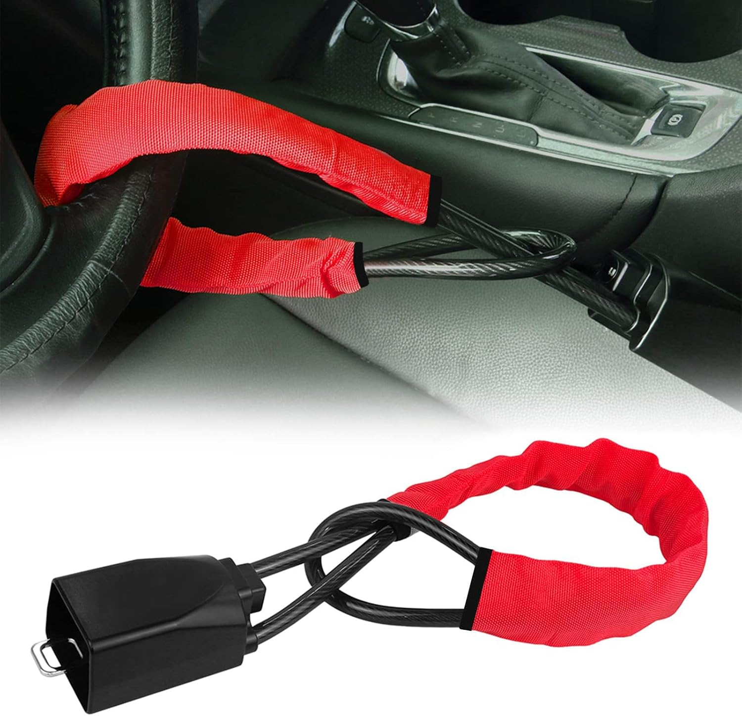 Car Steering Wheel Lock, Seat Belt Lock, Anti-Theft Device, Max 17 Inch Length, Small and Light-Weight, Multi-Functional, Fit Most Vehicle, SUV, Golf Cart Security Red-Black image number 3