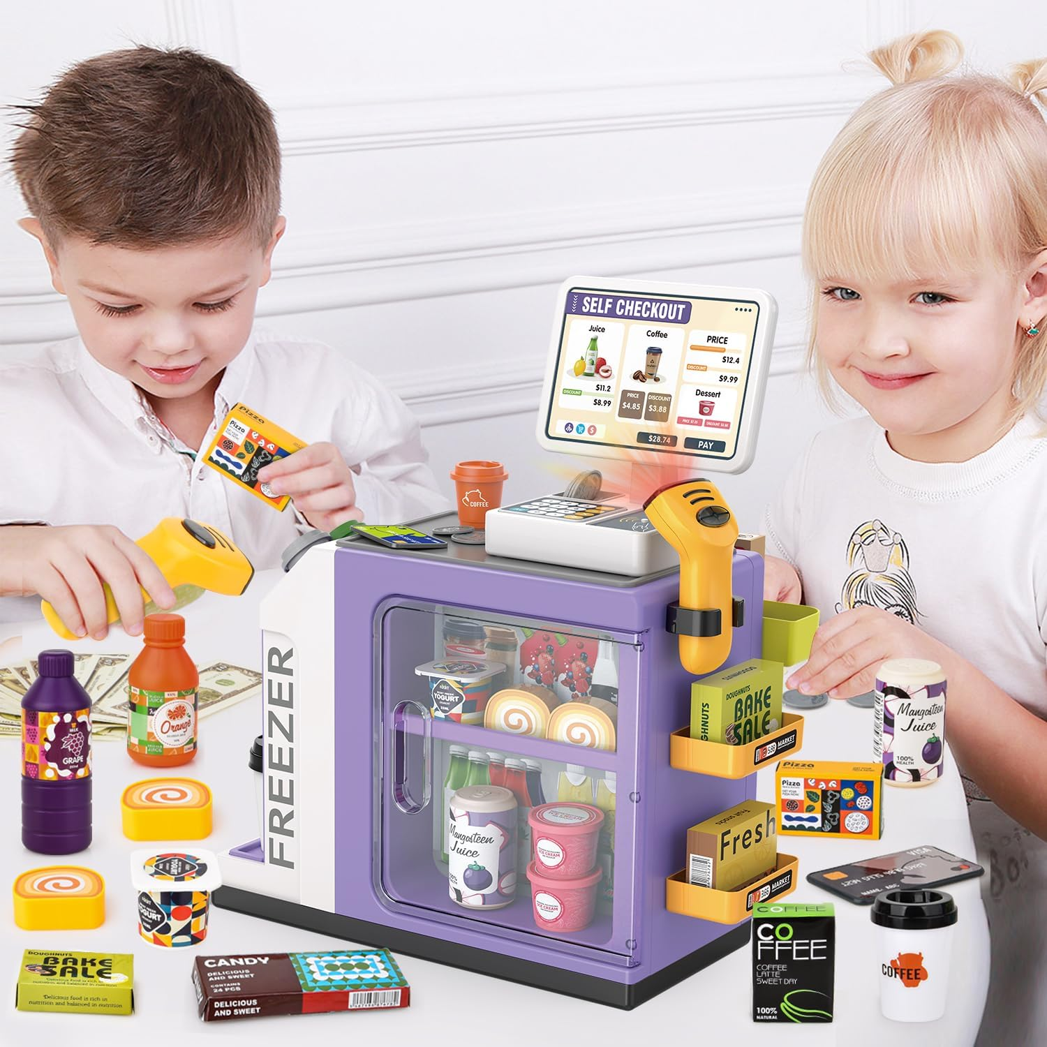 46PCS Cash Register Playset for Kids Pretend Play Mini Supermarket (Pink) image number 4