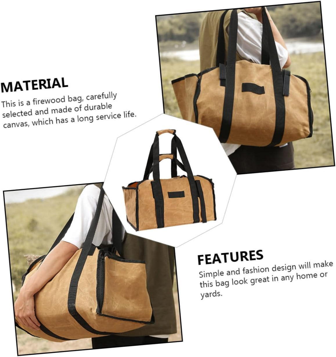 Firewood Storage Bag Canvas Tote Large Capacity Wood Carrier Handheld Firewood Pouch for Outdoor Camping and Fireplace Khaki Log Holder image number 5