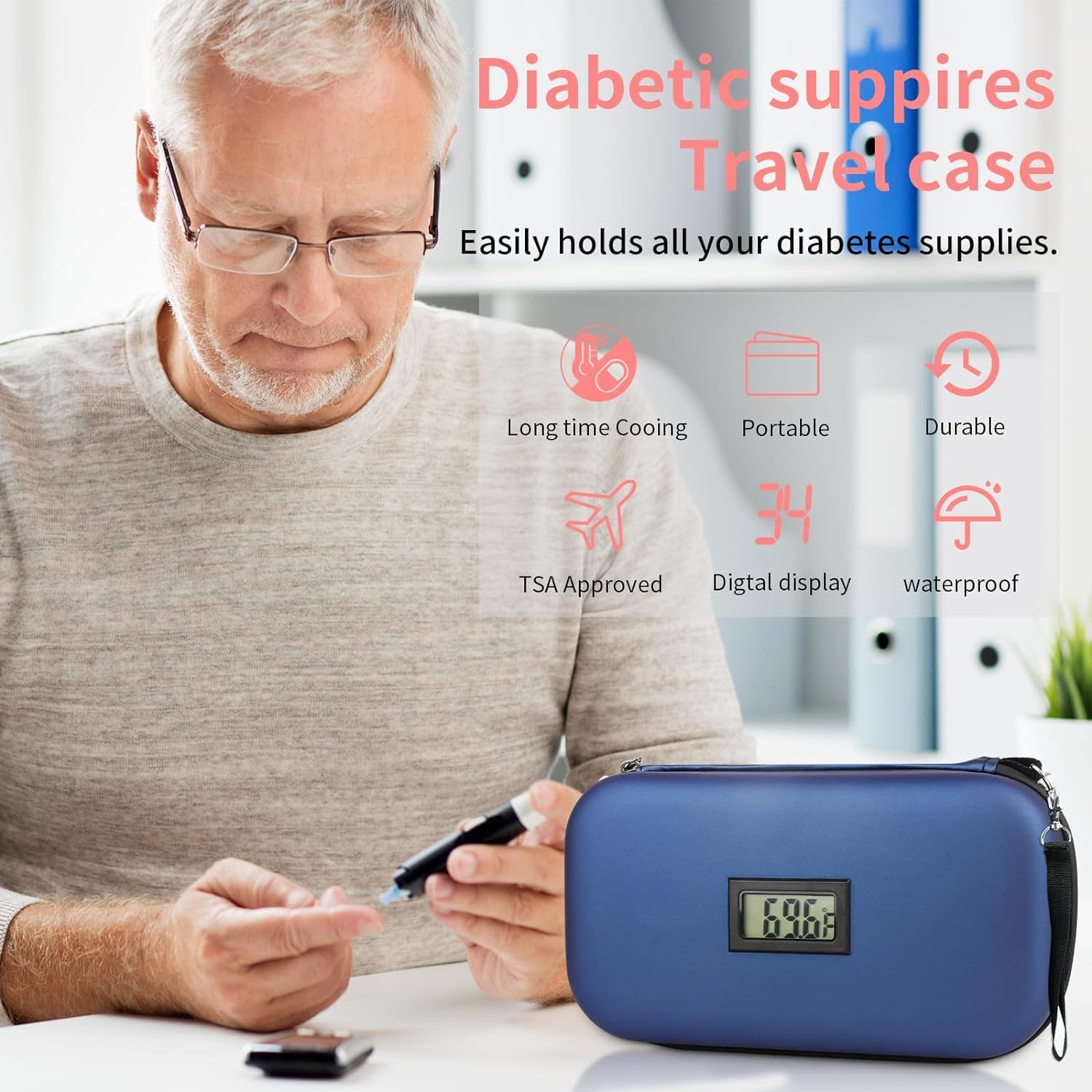 24H Insulin Cooler Travel Case TSA Approved Refrigerated Medicine Cooler for Travel W/Thermometer Temperature Display Diabetic Travel Case Bag W/2 Reusable Ice Packs for Daily Life Trip