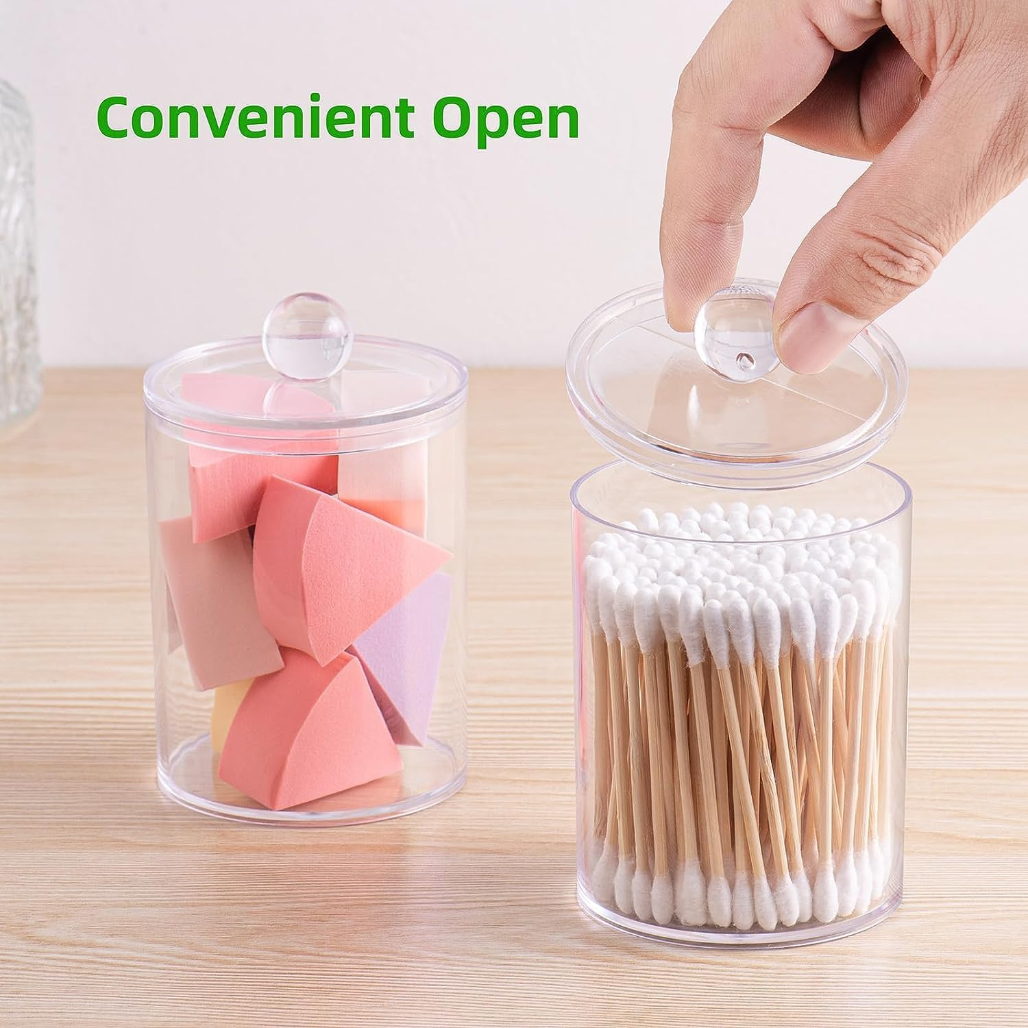 3 Pack Qtip Holder,Apothecary Jars Cotton Ball Holder Dispenser,Bathroom Jars with Lids Set for Cotton round Swab,10Oz Clear Plastic Canisters Restroom Bedroom Vanity Organizer