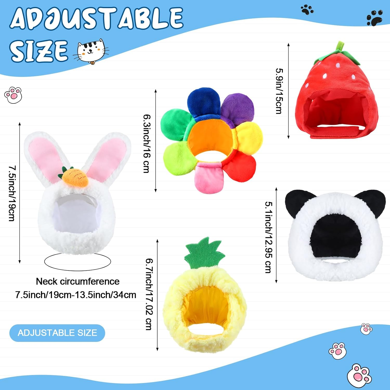 5 Pcs Cat Hat Adorable Costume Bunny Hat with Ears Funny Mane Cat Hat for Cats and Small Dogs Kitten Puppy Party Costume Accessory Headwear (Panda, Rabbit, Pineapple, Strawberry, Flower) - Avocado, Orange, Strawberry, Pineapple, Frog image number 3