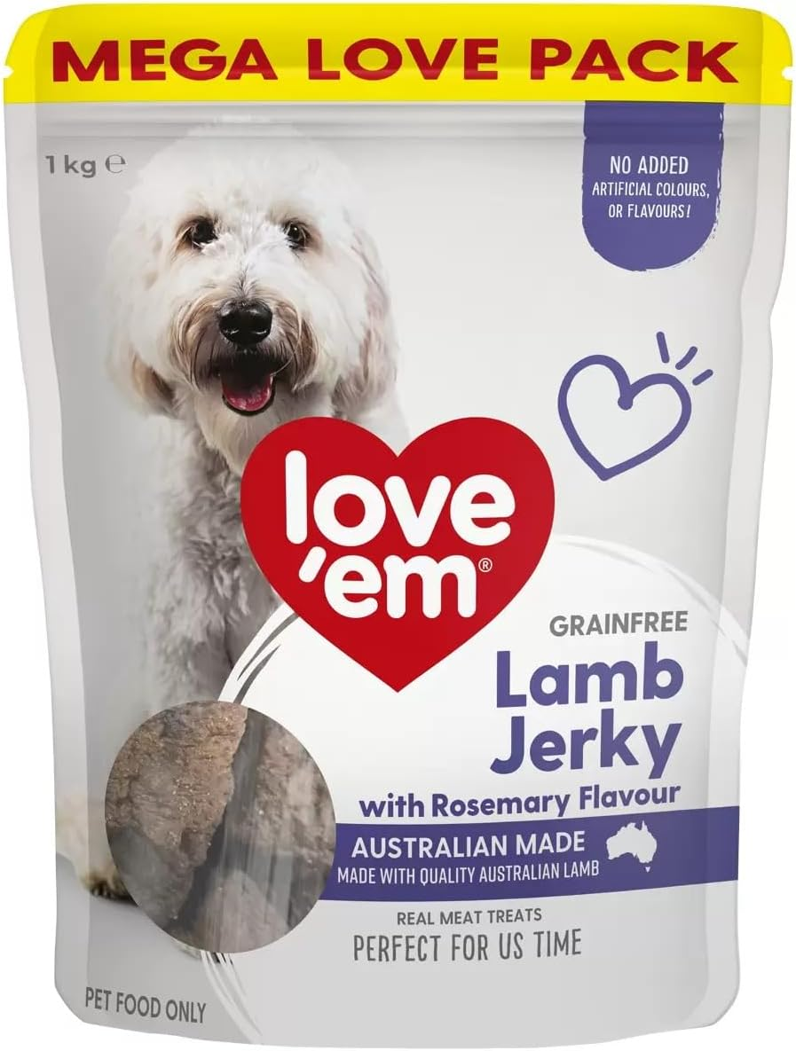 Love'Em Jerky Treats, Lamb with Rosemary 1Kg - Natural Meaty Snack with Omega 3 & 6, Supports Skin & Coat Health