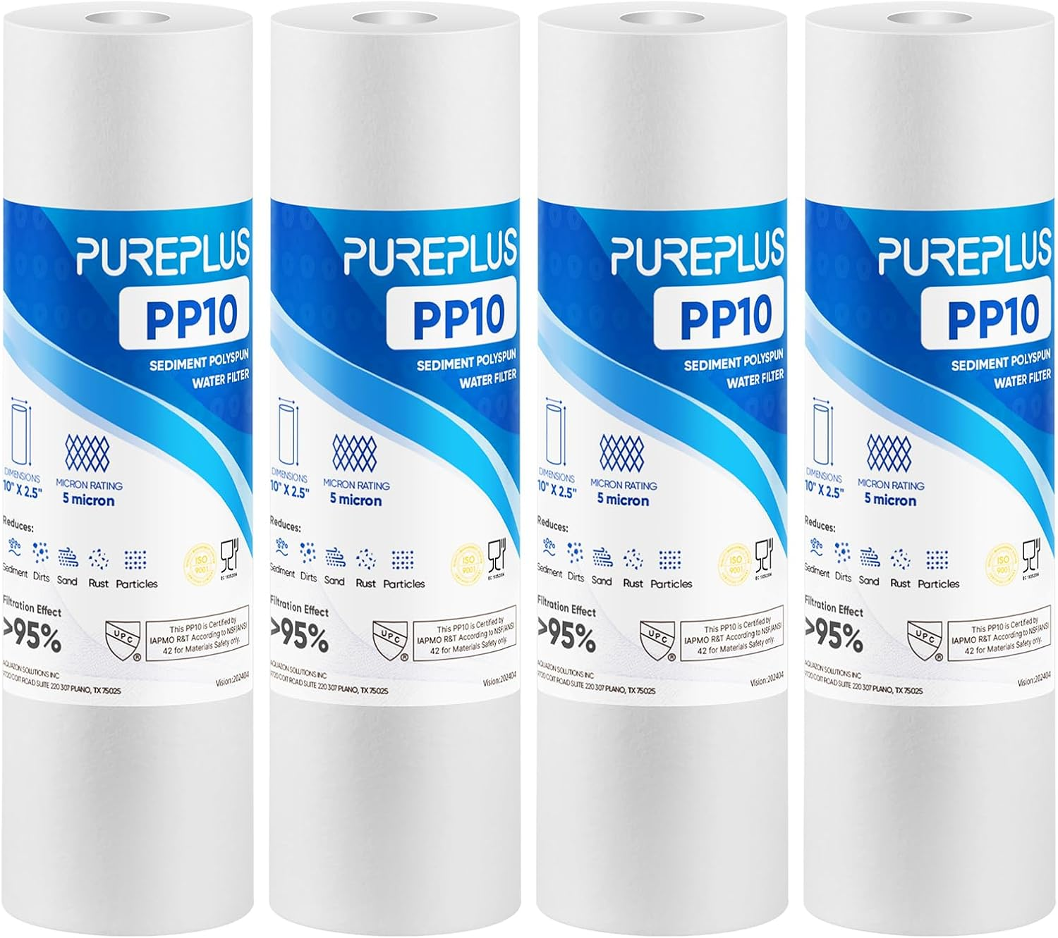 PUREPLUS Big Blue Sediment Replacement Water Filters 5 Micron 10&rdquo; X2.5&rdquo; Cartridge 4 Pack