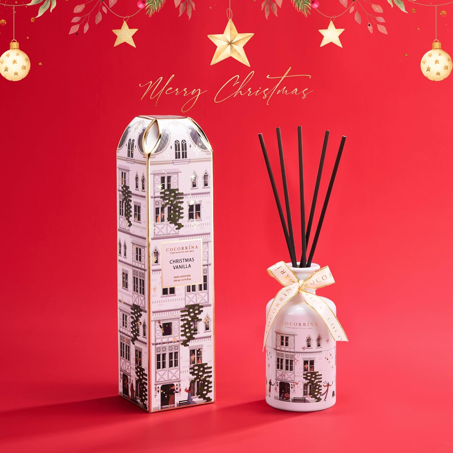 COCORR&Iacute;NA Reed Diffuser - Christmas Vanilla 6.7 Fl Oz Chirstmas Reed Diffuser with 8 Sticks Home Fragrance Bathroom Shelf Decor, Festival Gifts image number 4