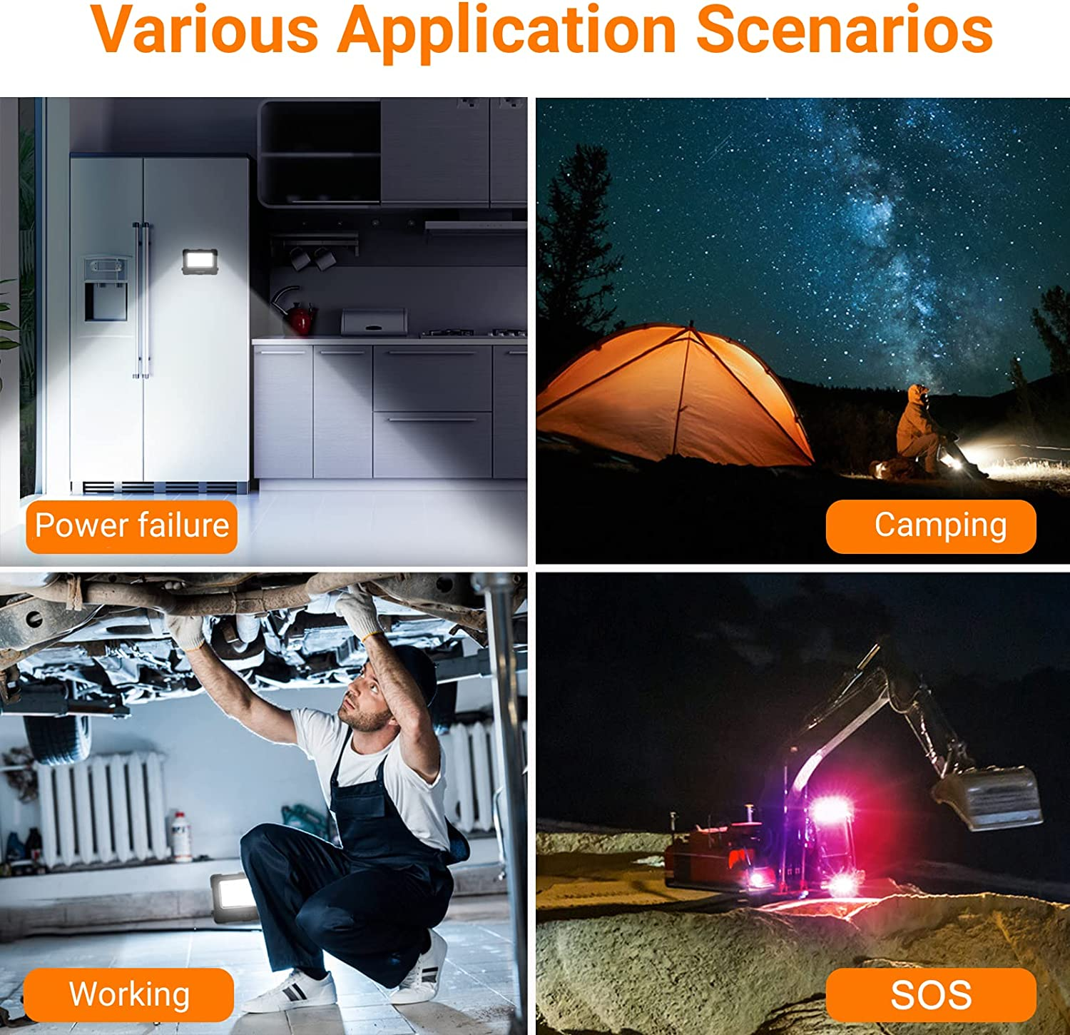 MEIKEE Portable Led Work Light 1000Lm USB Rechargeable Solar LED Flood Light 16 Modes 10000Mah Battery Power Bank IP54 with Magnetic Base Camping Emergency Job Site Lighting with SOS Mode - Black - Black image number 2