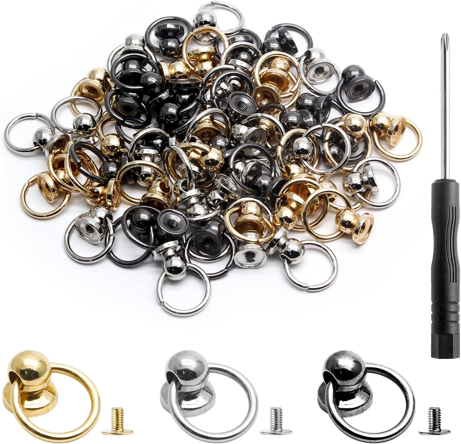 Kyuionty 60 Pcs Screwback round Head Rivet with Pull Ring, 8 Mm DIY Leather Craft O Ring Screw Rivets Metal Stud Rivets for Purse Wallet Phone Case with Mini Screwdriver (Gold)