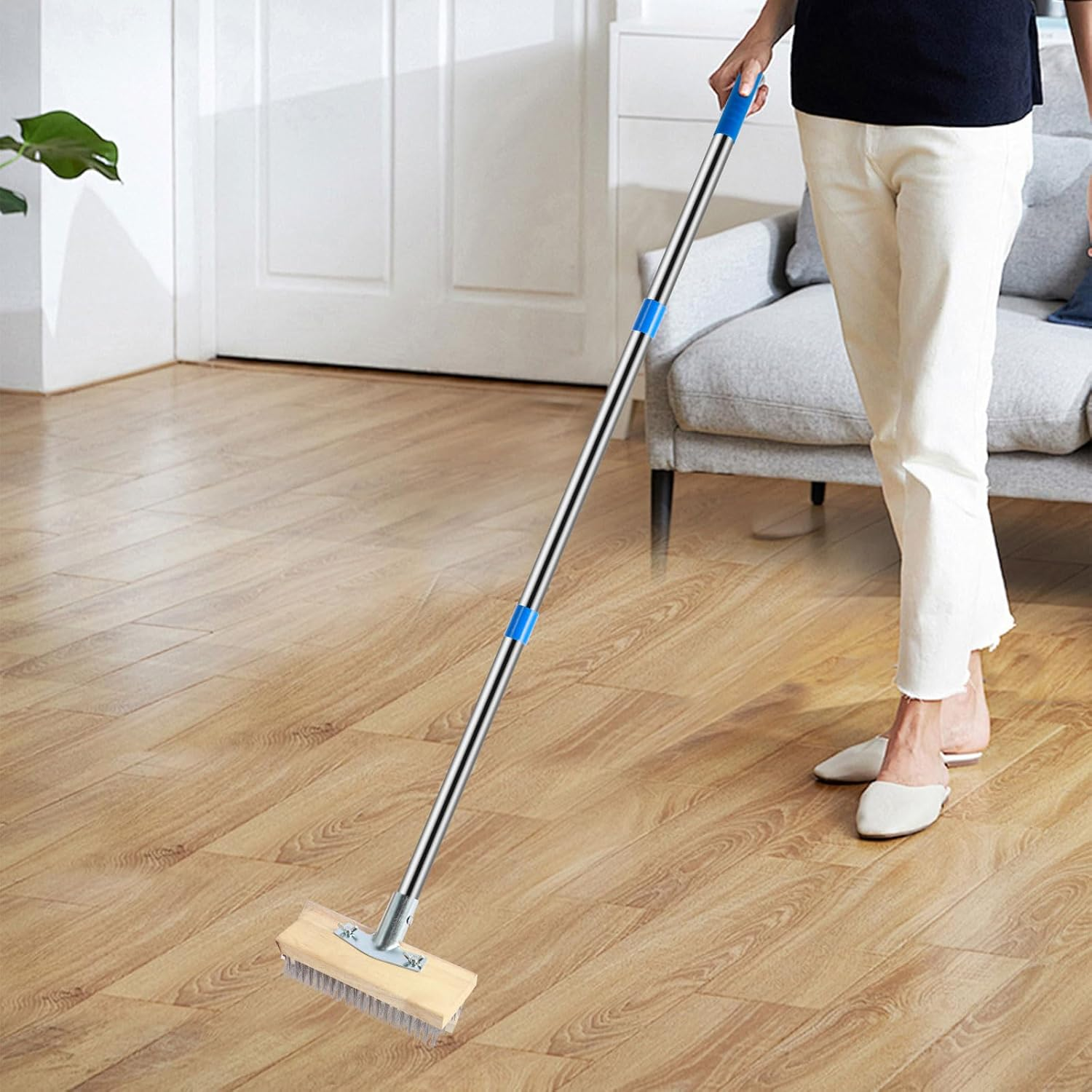 65" Stainless Steel Wire Broom with 4 Detachable Pole, Deck Scrub Brush with Long Handle, Stiff Metal Brush, Floor Scrub Bristles Brush, Tile Deck Cleaning Tool for Cleaning Moss Grout Algae Weed image number 2