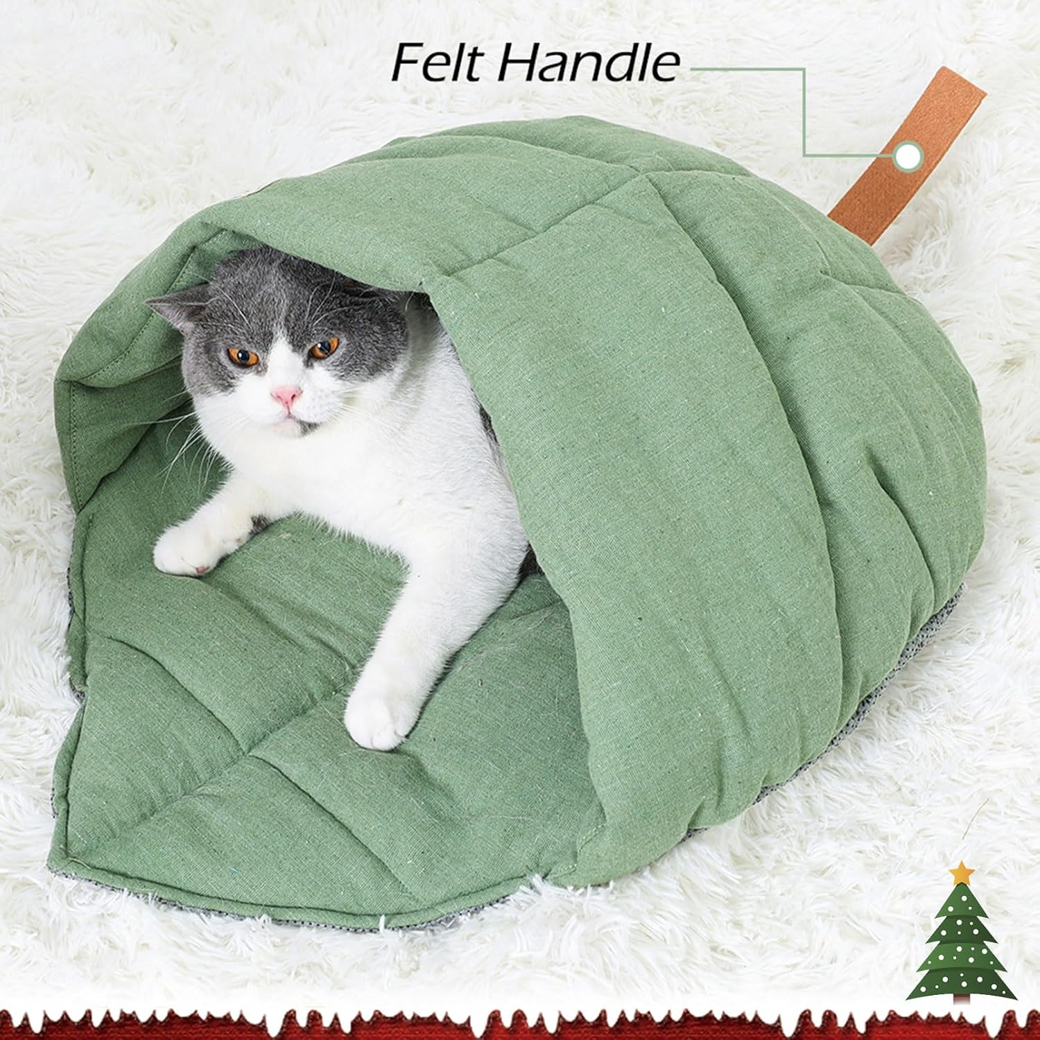 TANGN Cat Sleeping Bag, Linen Fabric Bed Cave Leaf Nest Pet Cuddle Zone Covered Hide Hood Burrowing Cozy Soft Durable Washable with Non-Slip Bottom for Indoor Puppy and Kitten (Green), PD50082 image number 1