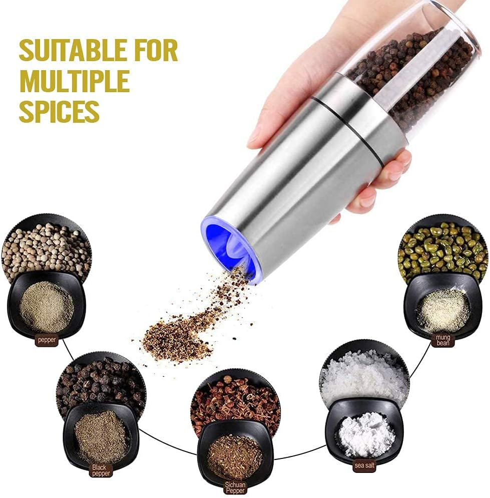 AVNICUD Electric Salt and Pepper Grinder, Automatic Pepper Mill, Gravity Salt Grinder, Battery-Operated with Adjustable Coarseness, LED Light, One Hand Operated (Silver 2Pack) image number 4