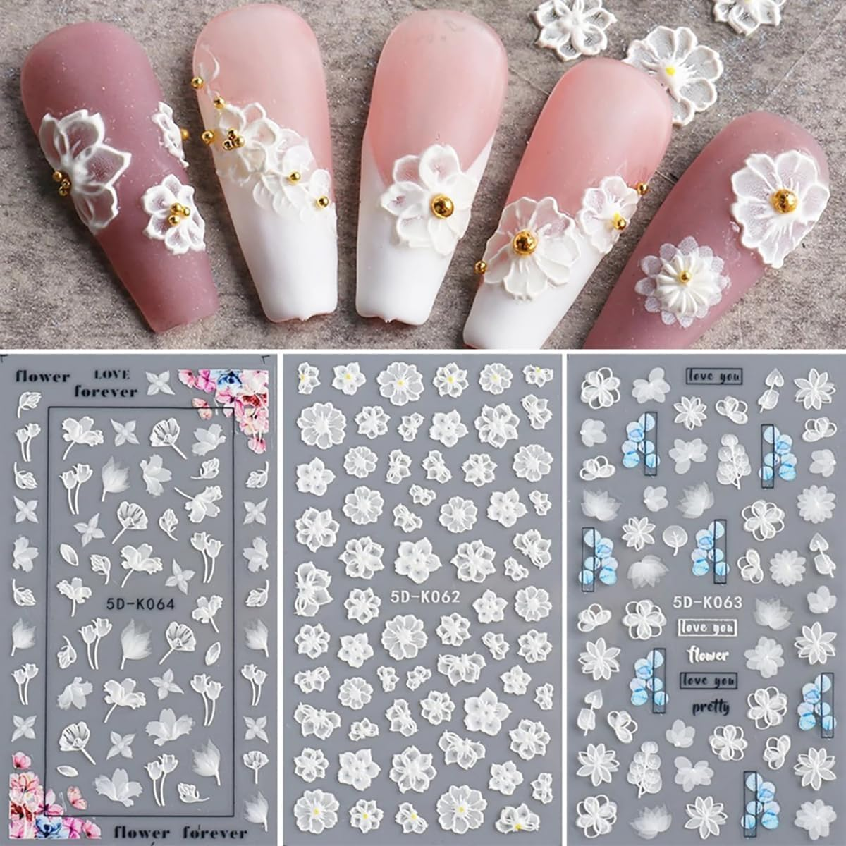 White Flower Nail Art Sticker Decals 5D Self-Adhesive Luxurious Nail Art Decoration Exquisite Pattern Nail Art Supplies White Feather Lace Flower Leaf Carving Design DIY Acrylic Nail Art, 3 Sheet