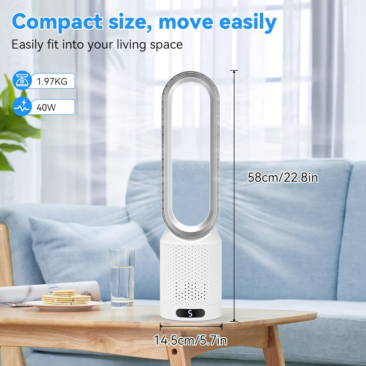 Bladeless Tower Fan with Remote, 20" Quiet Tower Fan for Bedroom, 90&deg; Oscillation & 8 Speeds, 35Db, 2H Timer, Baby-Safe, LED Display, Easy-Clean, Portable Standing Fans for Home & Office image number 5