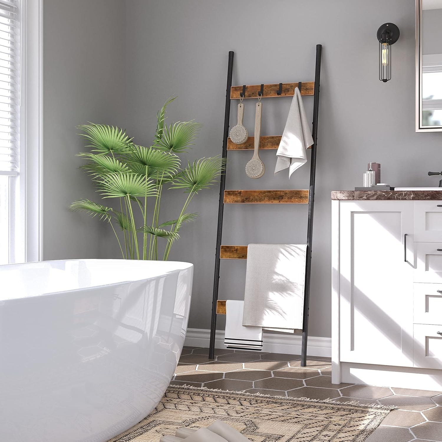 HOOBRO Blanket Ladder, 5-Tier Towel Rack with Hooks, Wall-Leaning Blanket Rack, Decorative Display Ladder Shelf, Scarves, Industrial, Living Room, Bedroom, Rustic Brown and Black BF52CJ01 image number 3