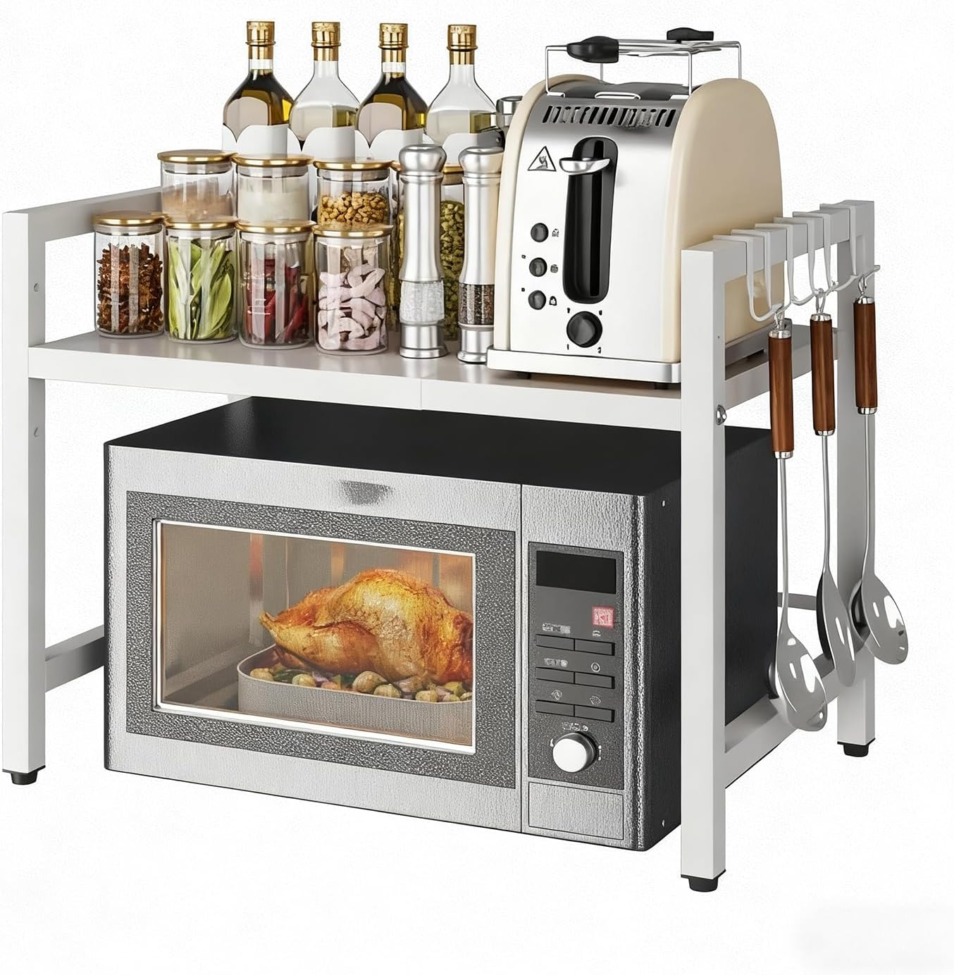 ZAOZAOLLND Microwave Oven Rack,2-Tier Expandable Microwave Stand Countertop Kitchen Utensils Tableware Storage (White, 3 Tier)