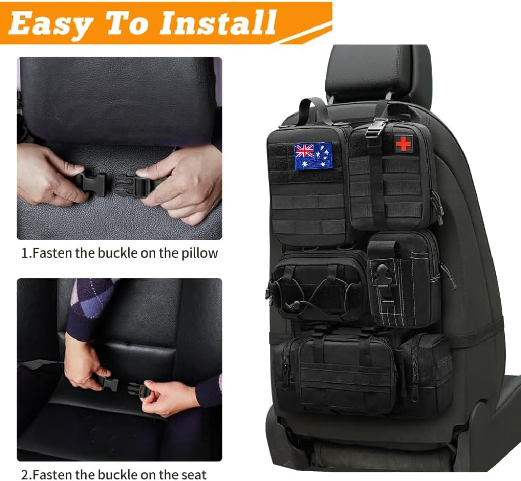 Lxjnfac Universal Tactical Vehicle Seat Back Organizer Panel with 5 Detachable MOLLE Pouches - Medical, Phone, Storage Pouch, Suitable for Vehicles Such as Jeep, Truck, SUV, Ford, Chevrolet, Etc