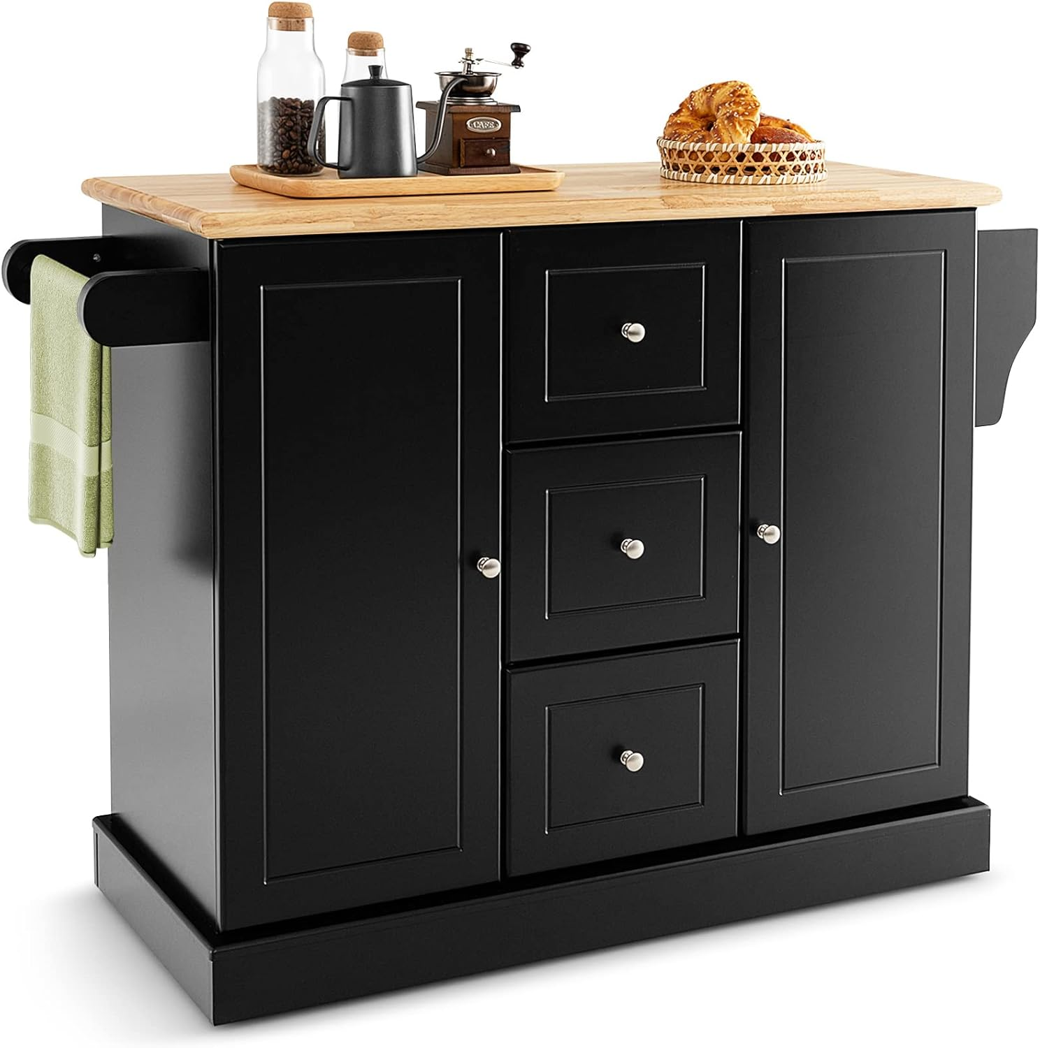 Costway Large Mobile Kitchen Island Cart, Kitchen Island on Hidden Wheels, Rubber Wood Countertop, 3 Deep Drawers, 2 Enclosed Cabinets with Adjustable Shelves, Side Towel Bar & Spice Rack (Black) image number 3