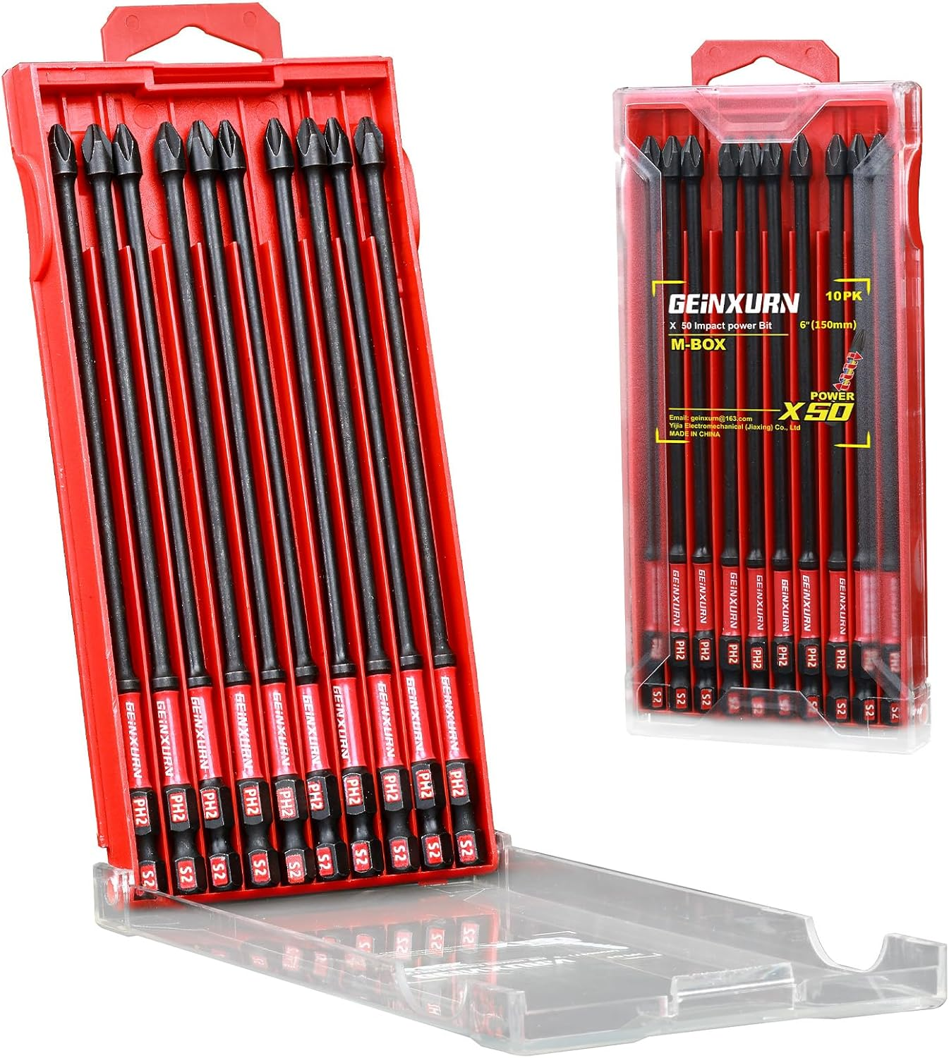 Impact Tough 6 In. #2 Phillips Screwdriver Bits Set,10 Pack Magnetic D2 Steel Long Cross PH2 Power Driver Bits with Storage M-Box image number 3