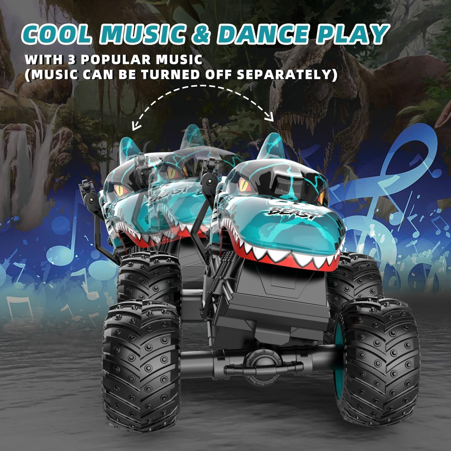 Remote Control Car, 2.4Ghz All Terrain Dinosaur Monster Truck Toys, RC Truck with Music, 3 Lighting Effects, 360 Stunt Capable, All Included Ready to Run, Toy Gifts for Boys and Girls (Cyan) - Green image number 6