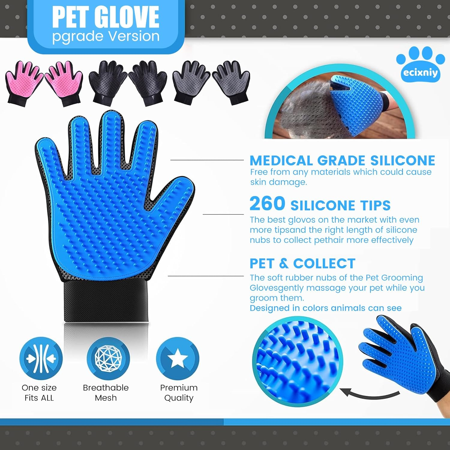 【Ecixniy】Pet Grooming Gloves,One Pair Gentle BPA Free Dog Washing Glove,Pet Hair Remover,Cat Brush Fur Removal Groomer for All Pet Hair Removal Needs-For a Clean Home & Happy Fur Babies.（1Pair Blue） image number 6