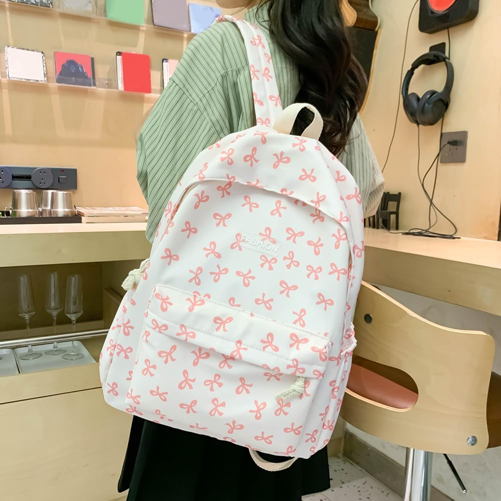 ALINUOYQ Cute Bows Backpack Coquette Aesthetic Backpack for Women Preppy Kawaii Backpack Nylon Laptop Bag Travel Backpack - Khaki image number 4