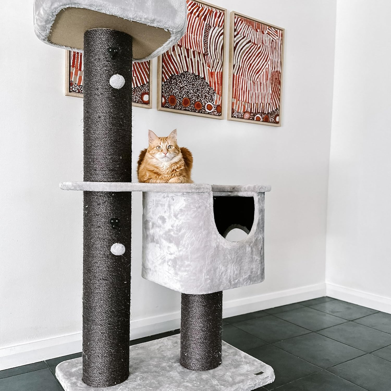 Cattitude Cat Scratch Playground Condo Grey, 158Cm Height - Cat House, Sisal, Hanging Pom Poms, Soft Plush Material, Multi-Level Cat Tree image number 2