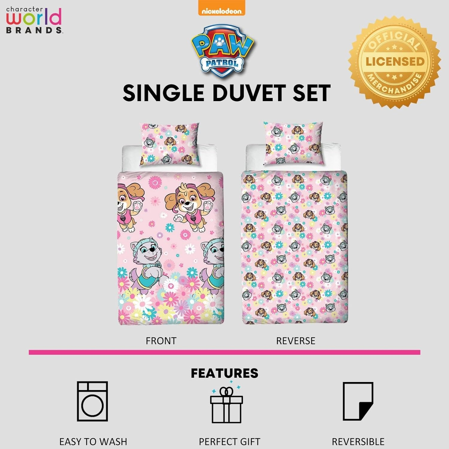 Character World Paw Patrol Official Single Childs Duvet Cover Set | Flowers Design Reversible 2 Sided Bedding Including Matching Pillow Case | Single Bed Set image number 1